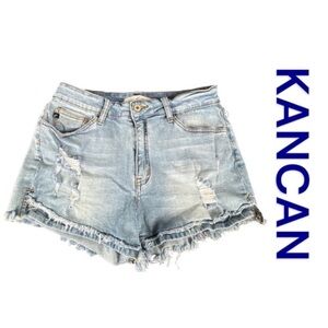 KANCAN Denim Shorts Frayed Hem, Side Slit, Size 11/29.